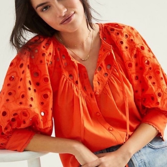 Anthropologie Chatal Eyelet Embellished Button Down Orange Bohemian Blouse Sz XS - Picture 1 of 11